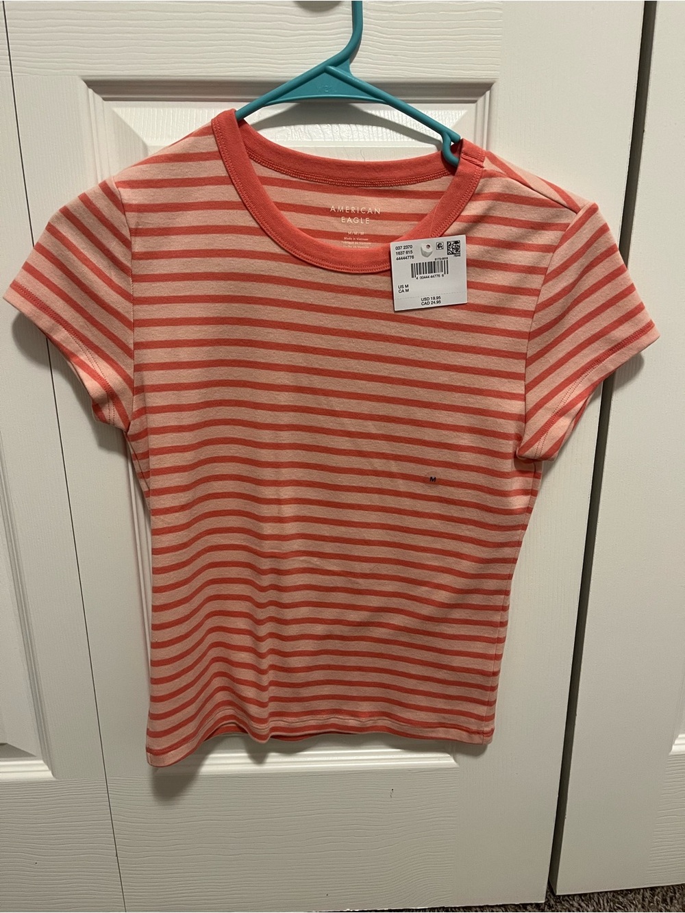 American Eagle Outfitters Coral and Cream Striped Short Sleeve Tee